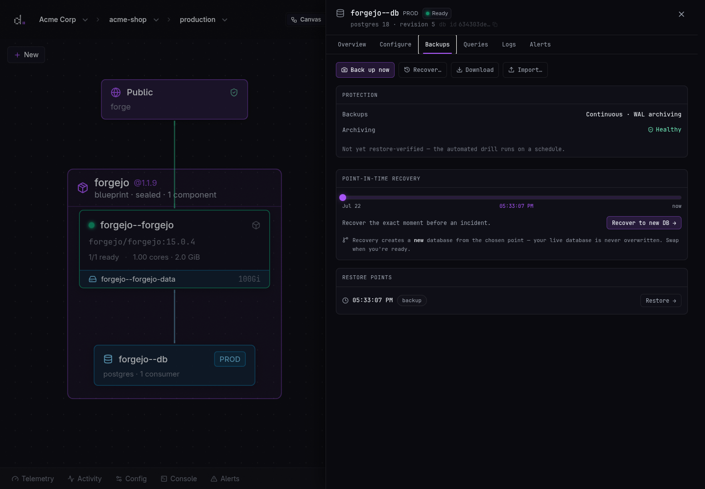 PostgreSQL backup and recovery view with backup, download, import, point-in-time recovery, and restore-point controls
