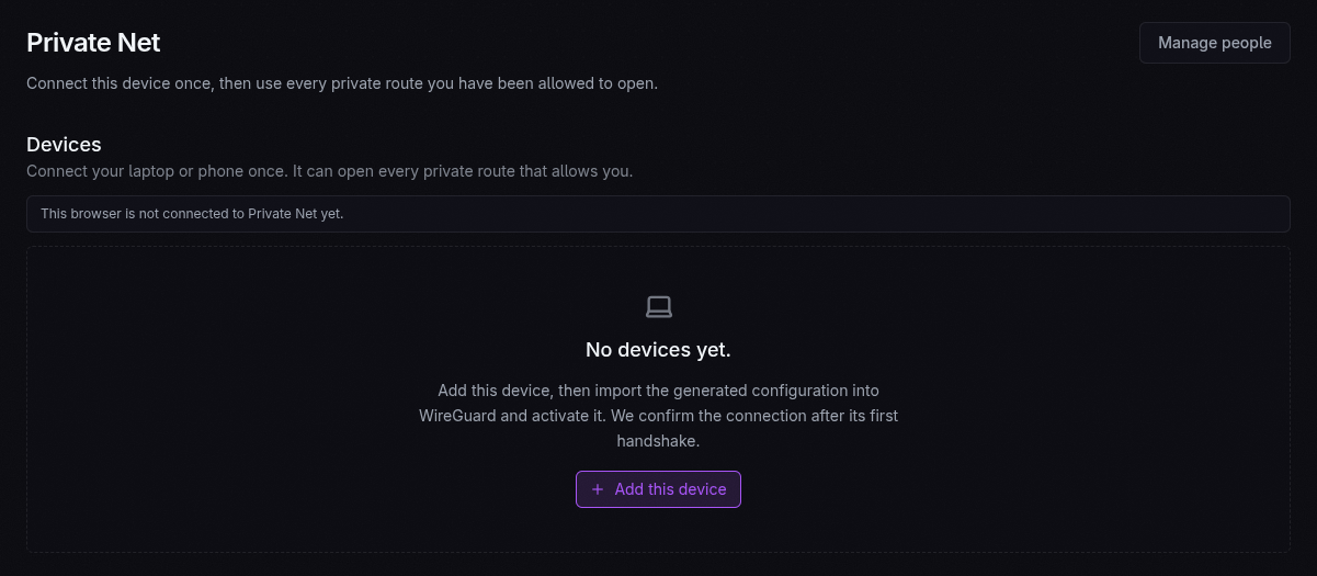 Private Net device page showing browser connection status and the action to enrol the current device